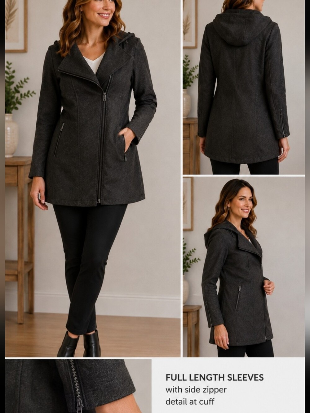 Women’s Dark Charcoal Utility Jacket with Asymmetrical Zip